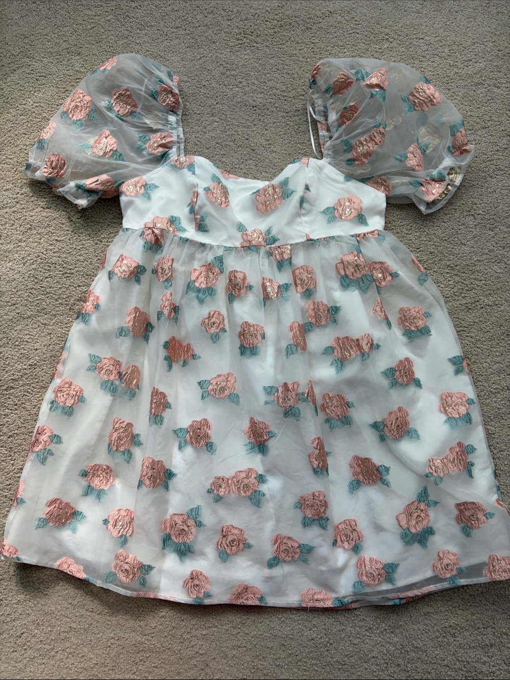 vestique White sheer lined Dress with Pink Rose and Green Leaves Embroidery